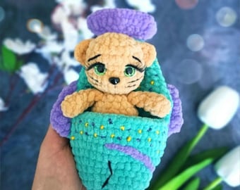 Cat in a Fish Crochet Pattern • Amigurumi PDF Tutorial • Plush Cat with Fish Sleeping Bag • Easy Step-by-Step Pattern