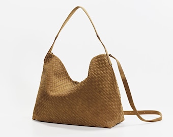 Woven Suede Hobo Slouchy Bag - Handcrafted Large Tote Scandinavian bag In Stock Boho Tote Bags