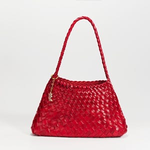Estrella Sling Hobo - Handwoven Lightweight Boho Shoulder Bag Under Arm Tote Artisan Woven Bag, Glossy Leather Finish French Style Lava Red