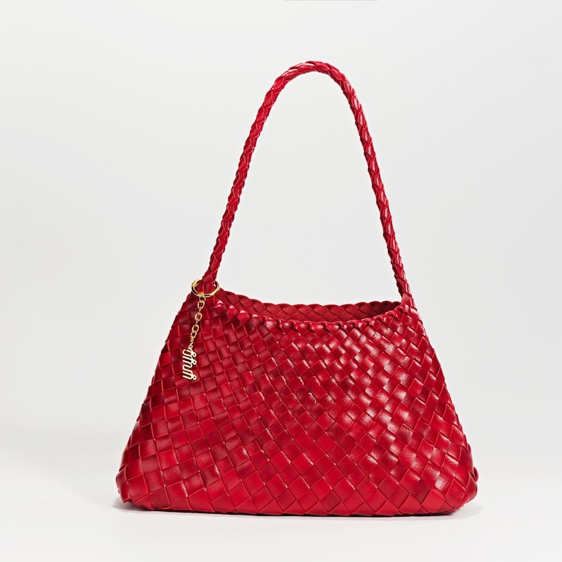 Estrella Sling Hobo - Handwoven Lightweight Boho Shoulder Bag Under Arm Tote Artisan Woven Bag, Glossy Leather Finish French Style Lava Red