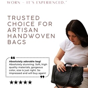 May include: A black, handwoven bag with a braided design. The image includes text that reads "A YNYG BAG ISN'T SIMPLY WORN - IT'S EXPERIENCED." and "TRUSTED CHOICE FOR ARTISAN HANDWOVEN BAGS."