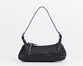 Handwoven Crescent Bag with Dual Straps, Woven Moon Shoulder & Underarm Bag , Minimal Evening Purse