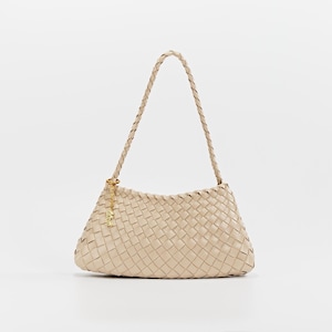 Estrella Sling Hobo - Handwoven Lightweight Boho Shoulder Bag Under Arm Tote Artisan Woven Bag, Glossy Leather Finish French Style Beige