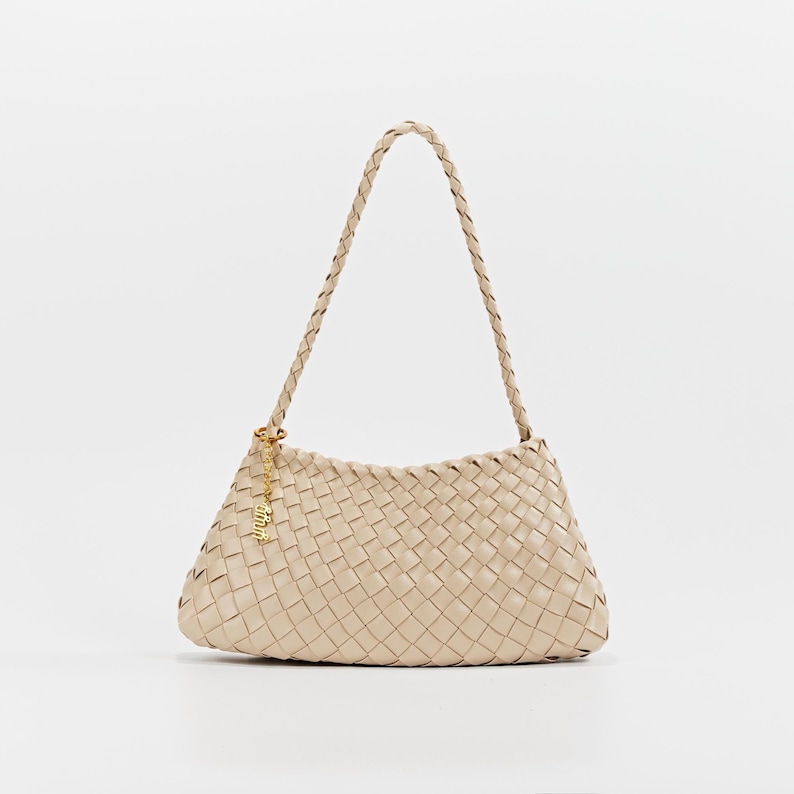 Estrella Sling Hobo - Handwoven Lightweight Boho Shoulder Bag Under Arm Tote Artisan Woven Bag, Glossy Leather Finish French Style Beige
