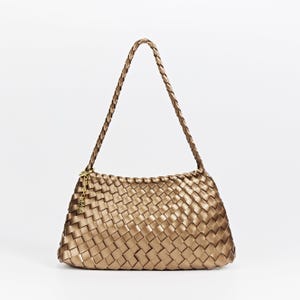 Estrella Sling Hobo - Handwoven Lightweight Boho Shoulder Bag Under Arm Tote Artisan Woven Bag, Glossy Leather Finish French Style Metallic Gold