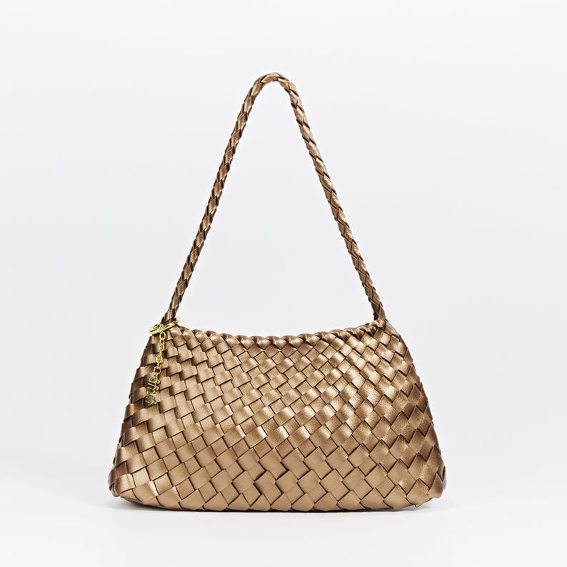 Estrella Sling Hobo - Handwoven Lightweight Boho Shoulder Bag Under Arm Tote Artisan Woven Bag, Glossy Leather Finish French Style Metallic Gold