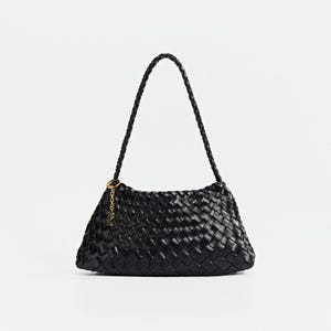 Estrella Sling Hobo - Handwoven Lightweight Boho Shoulder Bag Under Arm Tote Artisan Woven Bag, Glossy Leather Finish French Style Black