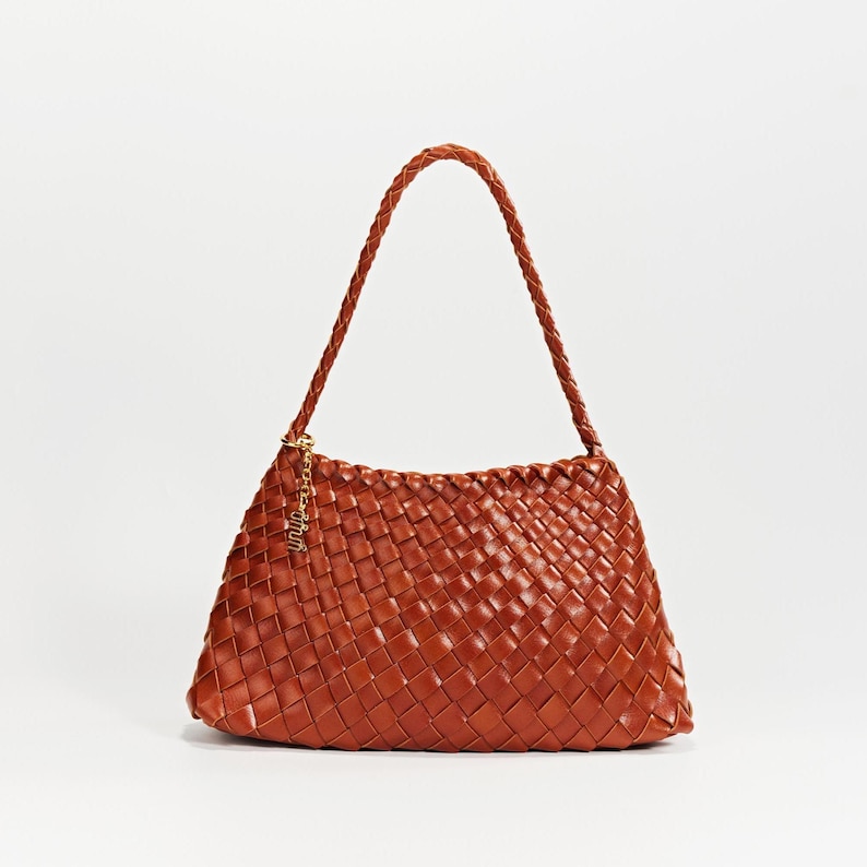 Estrella Sling Hobo - Handwoven Lightweight Boho Shoulder Bag Under Arm Tote Artisan Woven Bag, Glossy Leather Finish French Style Brown