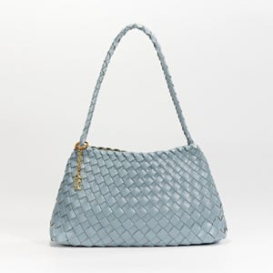 Estrella Sling Hobo - Handwoven Lightweight Boho Shoulder Bag Under Arm Tote Artisan Woven Bag, Glossy Leather Finish French Style Sky Blue
