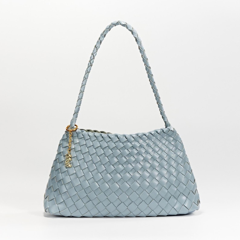 Estrella Sling Hobo - Handwoven Lightweight Boho Shoulder Bag Under Arm Tote Artisan Woven Bag, Glossy Leather Finish French Style Sky Blue