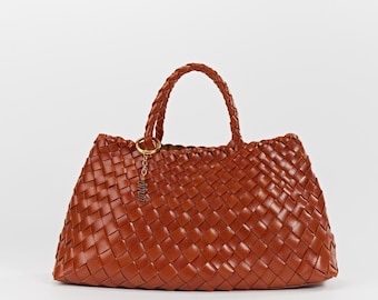 Estrella Arc Handwoven Glossy Leather Tote Bag – Woven Large Purse Minimalist Everyday Handbag Large Braided Carryall Purse