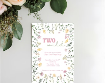 Dos invitaciones de cumpleaños con flores silvestres para el segundo cumpleaños, estilo bohemio, plantilla personalizable de descarga instantánea