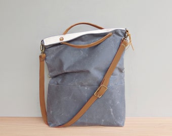 Grey Waxed Canvas Tote, Converts to Foldover Bag with Adjustable Leather Strap, Waxed Canvas Bag, Plus Size Crossbody Purse, Made in USA