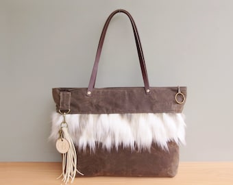 CLEARANCE - Boho Womens Personalized Waxed Canvas  Zipper Tote with Faux Fur Sand Fox Accent, Made in the USA