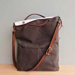 Convertible Waxed Canvas Tote with Leather Strap in Seal, Dark Brown Waxed Canvas Bag, Crossbody Purse with Leather, Tote Bag Made in USA