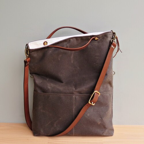 Convertible Waxed Canvas Tote With Leather Strap in Seal Dark Etsy