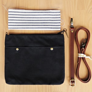Crossbody Minimalist Waxed Canvas Purse in Black with Removable Leather Strap Length