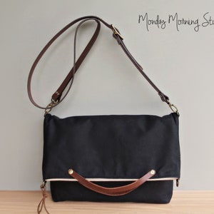 Black Waxed Canvas Foldover Shoulder Bag with Custom Leather Strap, Convertible Business Tote Bag Handcrafted in the US
