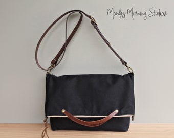 Black Waxed Canvas Foldover Shoulder Bag with Custom Leather Strap, Convertible Business Tote Bag Handcrafted in the US