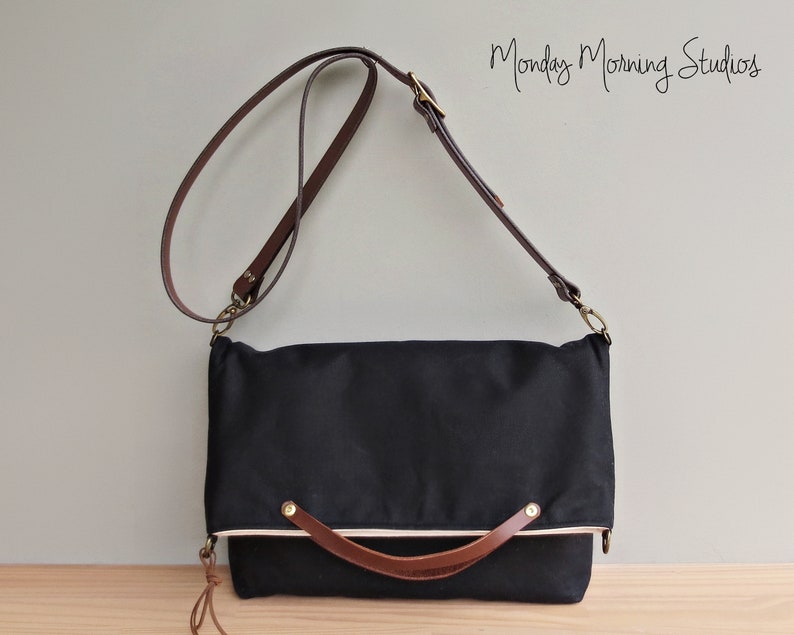 Black Waxed Canvas Foldover Shoulder Bag With Custom Leather Etsy