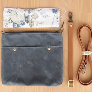 Handcrafted Crossbody Bag in Grey Waxed Canvas with Vintage Style Floral Lining and Custom Leather Strap image 1