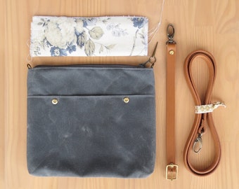 Handcrafted Crossbody Bag in Grey Waxed Canvas with Vintage Style Floral Lining and Custom Leather Strap