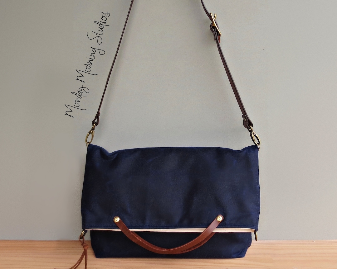 Minimalist Shoulder Bag in Navy Blue Waxed Canvas With Leather Etsy
