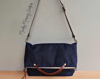 Minimalist Shoulder Bag in Navy Blue Waxed Canvas with Leather Strap