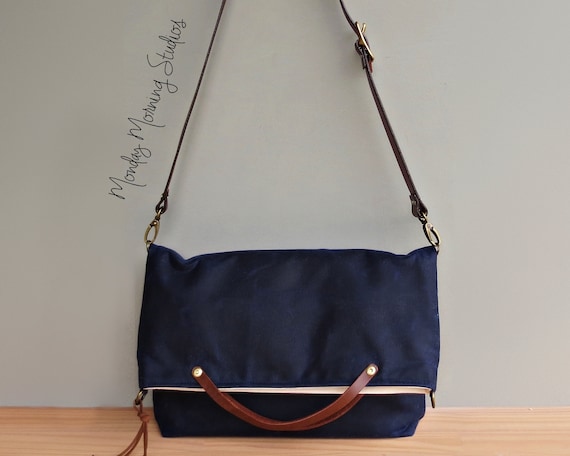 Minimalist Shoulder Bag in Navy Blue Waxed Canvas with Leather | Etsy