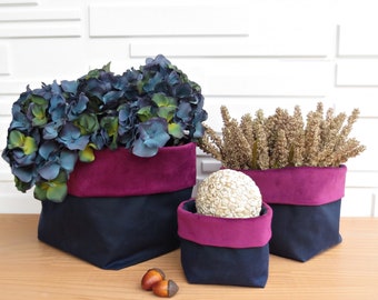 Set of 3 Waxed Canvas Soft Storage Cubes with Velvet Cuffs, Choose Your Colors for Home Decor Fabric Bins in 3 sizes