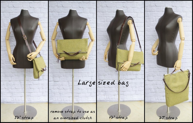 Convertible Waxed Canvas Tote with Leather Strap in Avocado Green, Waxed Canvas Foldover Bag, Plus Size Crossbody Purse, Made in USA image 5