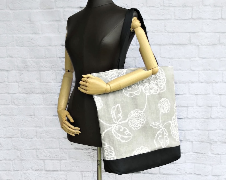 Extra Large Vacation Pool Summer Cruise Tote in Grey Scribble Flowers Oversized Modern Floral Shoulder Bag with Black Waxed Canvas Bottom