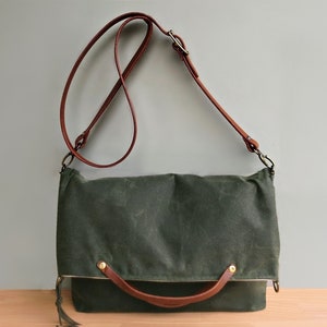 Waxed Canvas Foldover Purse with Custom Leather Strap in Avocado Green Wax Canvas, Convertible Shoulder Bag Tote with Leather, USA Made