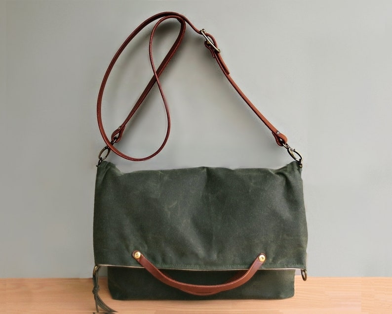 Waxed Canvas Foldover Purse with Custom Leather Strap in Avocado Green Wax Canvas, Convertible Shoulder Bag Tote with Leather, USA Made image 1