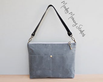 Handcrafted Waxed Canvas Shoulder Bag in Slate Grey with Custom Length Leather Strap