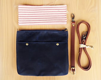 Nautical Navy Blue Crossbody Purse with Ticking Lining and Leather Strap in Waxed Canvas