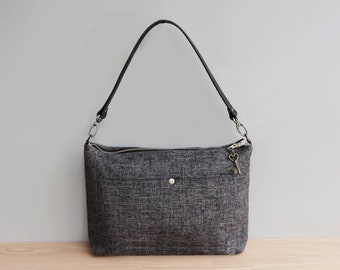 Charcoal Grey Tweed Womens Shoulder Bag with Leather Strap