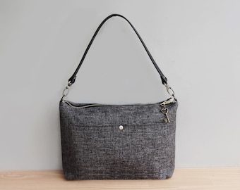Charcoal Grey Tweed Womens Shoulder Bag with Leather Strap
