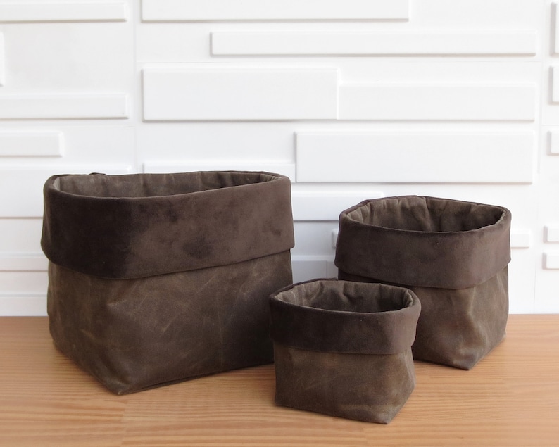Set of 3 Waxed Canvas Soft Storage Cubes With Velvet Cuffs Etsy