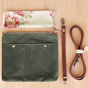 Waxed Canvas Crossbody Messenger Bag in Avocado Green with Floral Lining and Leather Strap