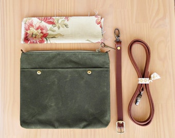 Waxed Canvas Crossbody Messenger Bag in Avocado Green with Floral Lining and Leather Strap