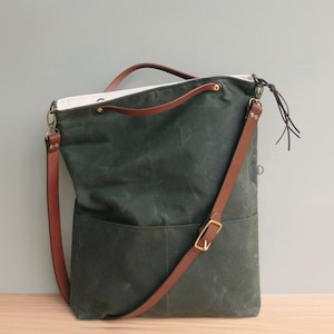 Convertible Waxed Canvas Tote with Leather Strap in Avocado Green, Waxed Canvas Foldover Bag, Plus Size Crossbody Purse, Made in USA