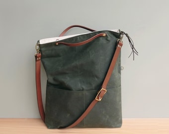 Convertible Waxed Canvas Tote with Leather Strap in Avocado Green, Waxed Canvas Foldover Bag, Plus Size Crossbody Purse, Made in USA