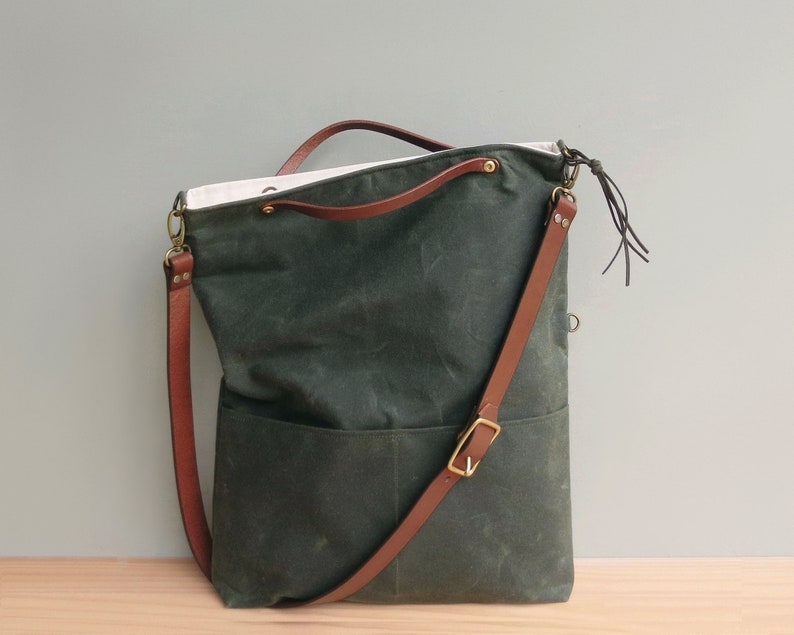 Convertible Waxed Canvas Tote with Leather Strap in Avocado Green, Waxed Canvas Foldover Bag, Plus Size Crossbody Purse, Made in USA image 1