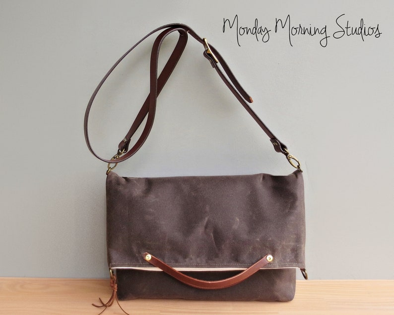 Waxed Canvas Convertible Foldover Bag With Custom Leather Etsy