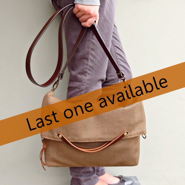Herringbone  Foldover Purse -  Fawn Brown Shoulder Bag - Custom  Leather Strap  - Plus Size - Converts to Tote - Cross Body Messenger Bag