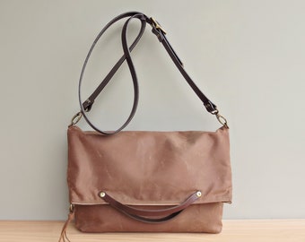 Waxed Canvas Foldover Purse with Custom Leather Strap in Saddle Brown, Crossbody Convertible  Handbag in 2 Sizes and 3 Hardware Finishes