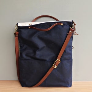 Womens Nautical Waxed Canvas Convertible Tote in Navy Blue with Leather Strap