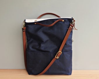 Womens Nautical Waxed Canvas Convertible Tote in Navy Blue with Leather Strap