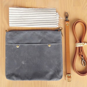 Waxed Canvas Crossbody Bag in Grey with Vintage Style Ticking Lining and Leather Strap